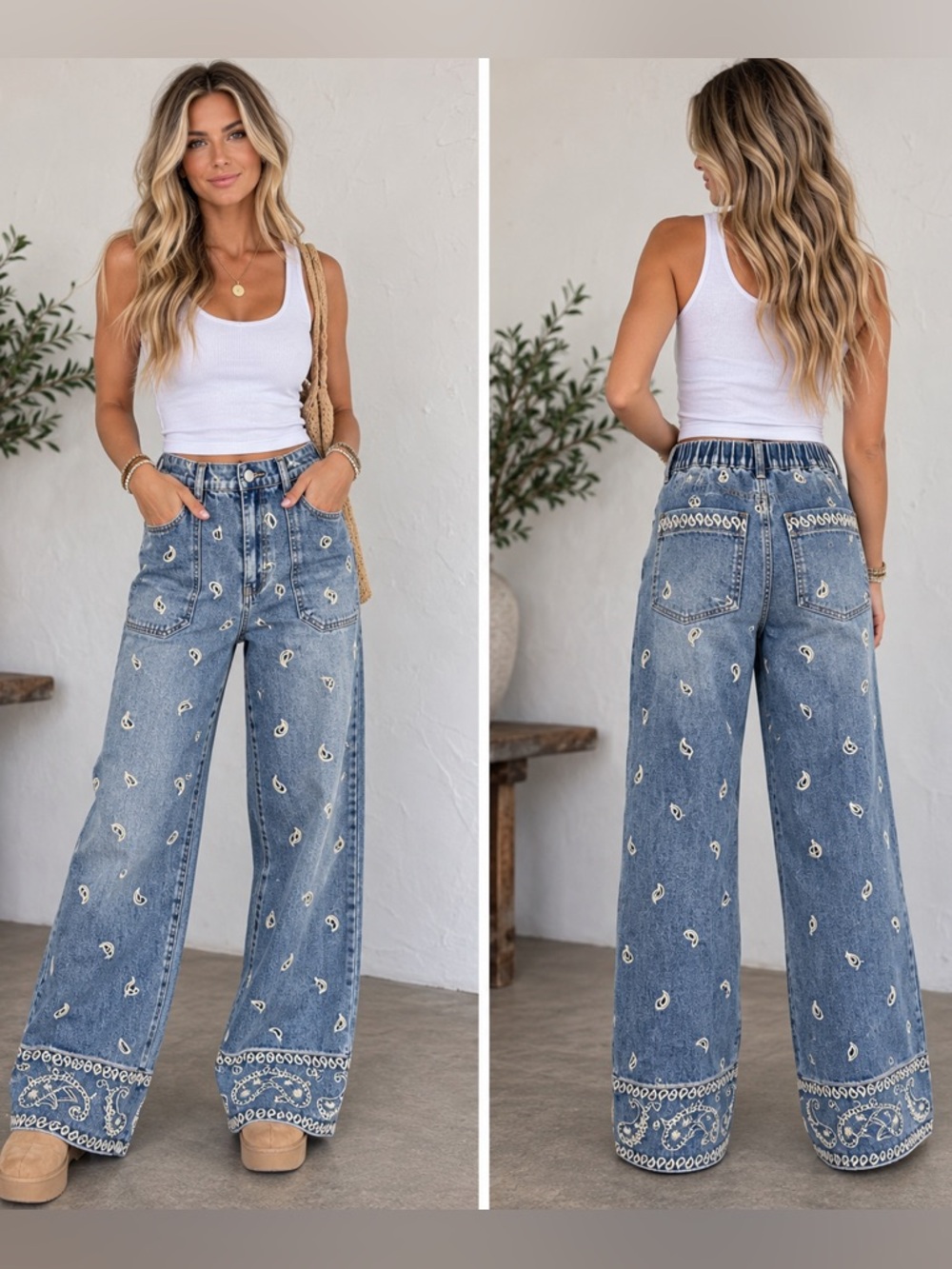 OH Jeans Paisley Bandana Wide Leg Jeans XL Boho Western NWT